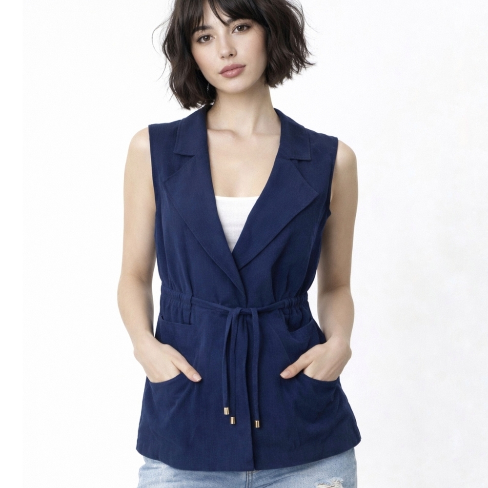 P. Cill Navy Hooded Utility Vest Tie Waist Sleeveless Jacket Safari M
